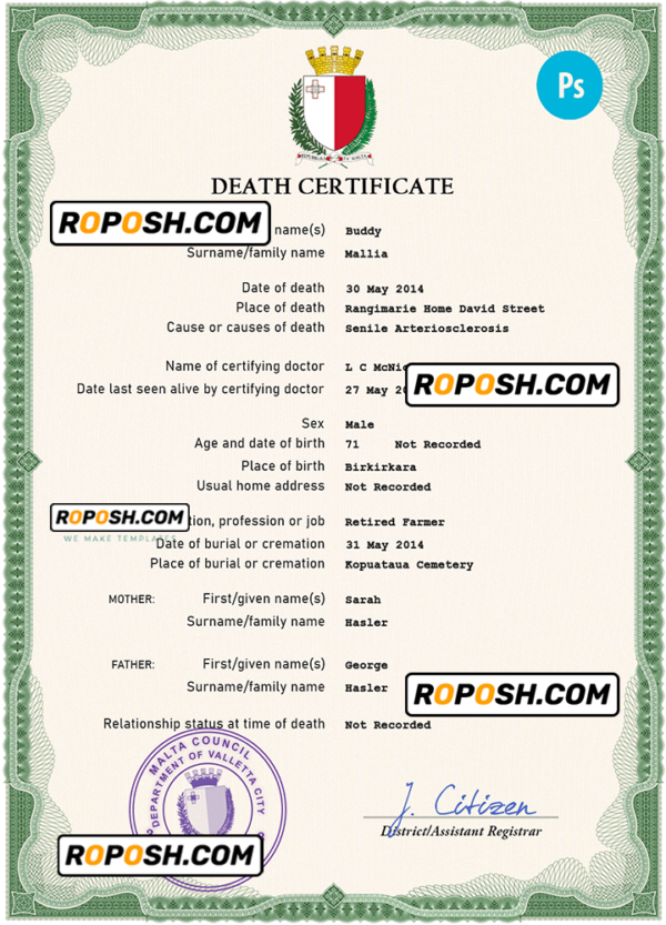 Malta vital record death certificate PSD template