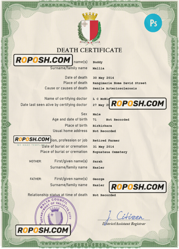 Malta vital record death certificate PSD template scan effect