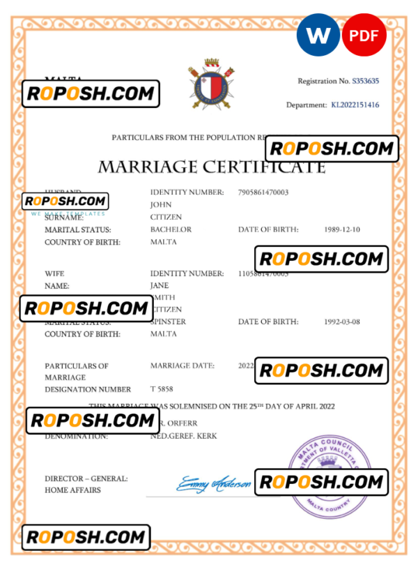 Malta marriage certificate Word and PDF template, completely editable