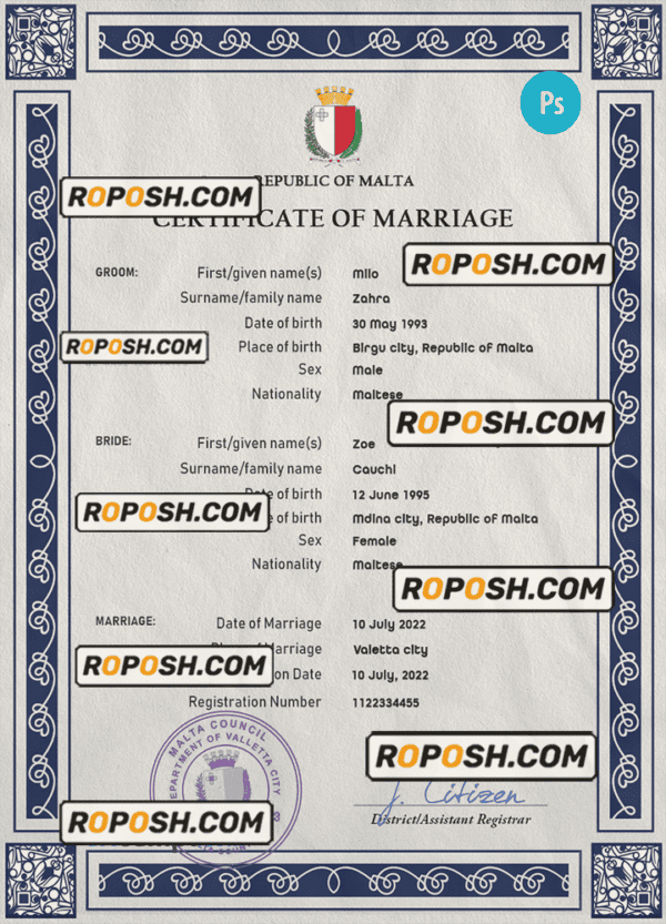 Malta marriage certificate PSD template, fully editable