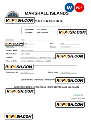 Marshall Islands vital record birth certificate Word and PDF template, completely editable