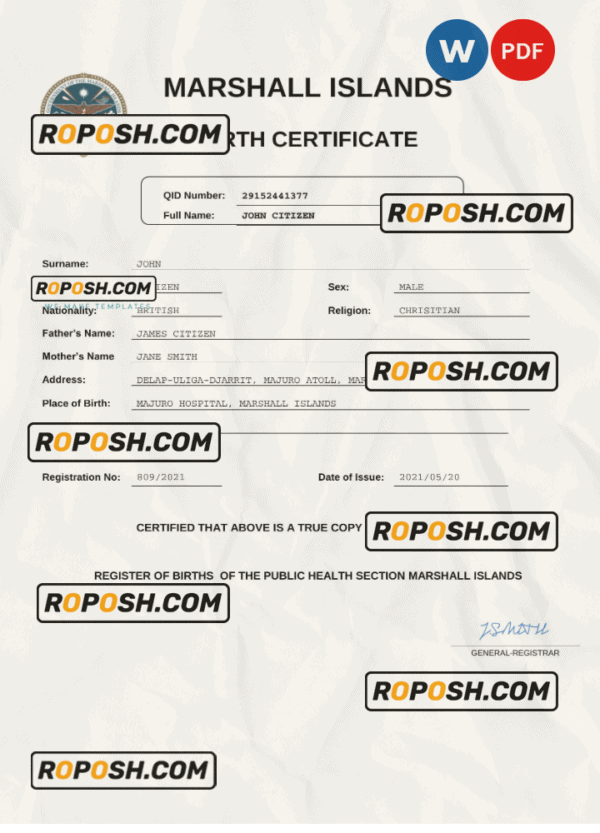 Marshall Islands vital record birth certificate Word and PDF template, completely editable