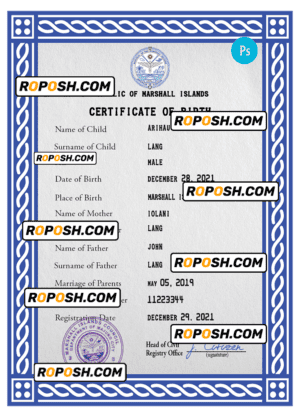 Marshall Islands vital record birth certificate PSD template, fully editable