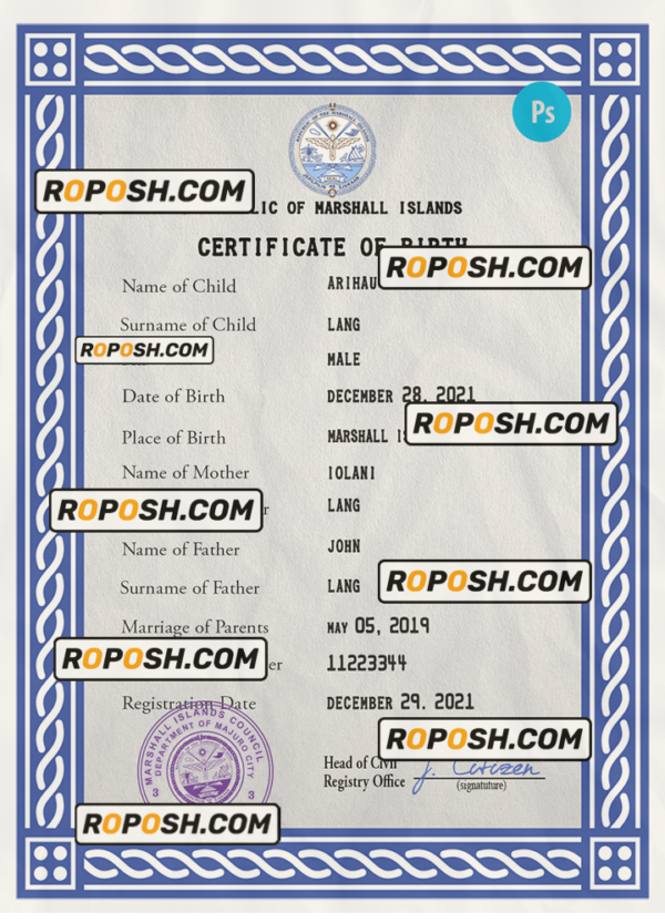 Marshall Islands vital record birth certificate PSD template, fully editable scan effect