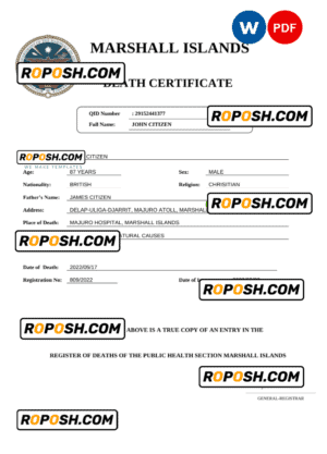 Marshall Islands vital record death certificate Word and PDF template