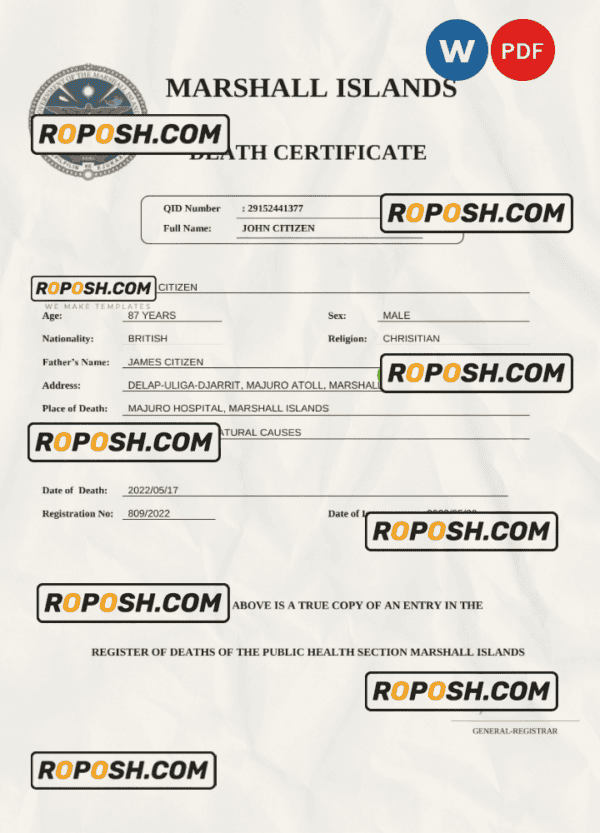 Marshall Islands vital record death certificate Word and PDF template