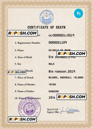 Marshall Islands death certificate PSD template, completely editable