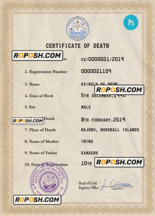 Marshall Islands death certificate PSD template, completely editable scan effect