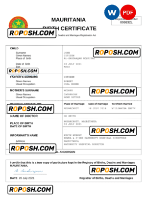 Mauritania birth certificate Word and PDF template, completely editable