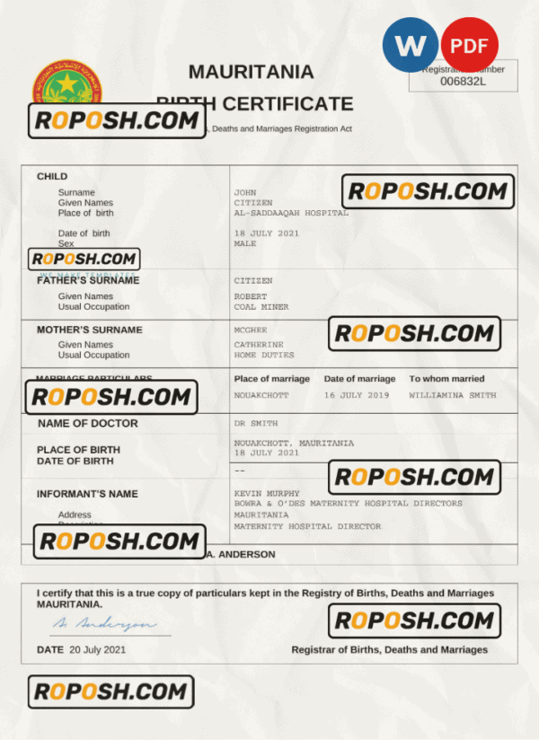 Mauritania birth certificate Word and PDF template, completely editable