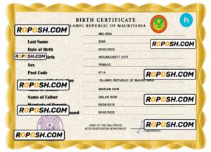 Mauritania birth certificate PSD template, completely editable