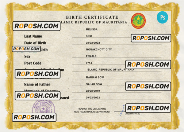 Mauritania birth certificate PSD template, completely editable scan effect