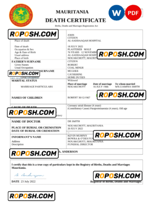 Mauritania vital record death certificate Word and PDF template