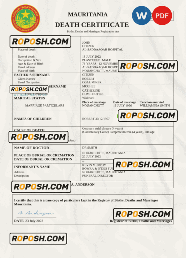 Mauritania vital record death certificate Word and PDF template