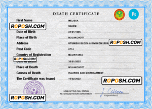 Mauritania vital record death certificate PSD template, fully editable