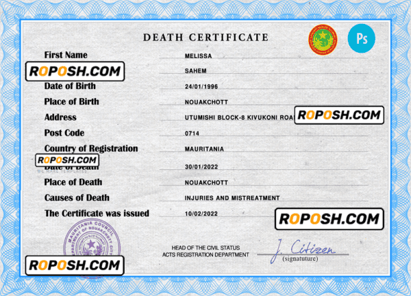 Mauritania vital record death certificate PSD template, fully editable