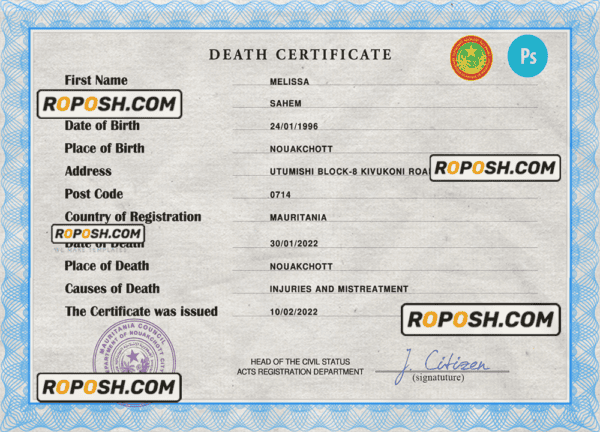 Mauritania vital record death certificate PSD template, fully editable