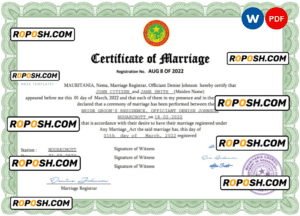 Mauritania marriage certificate Word and PDF template, completely editable