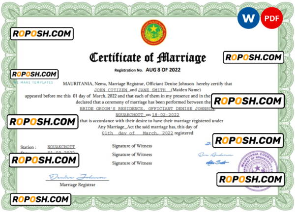 Mauritania marriage certificate Word and PDF template, completely editable