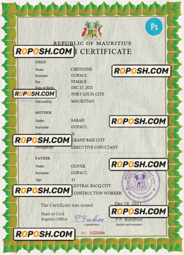 Mauritius vital record birth certificate PSD template scan effect