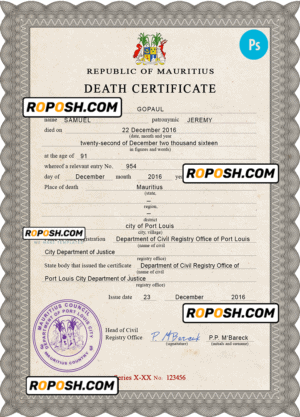 Mauritius vital record death certificate PSD template