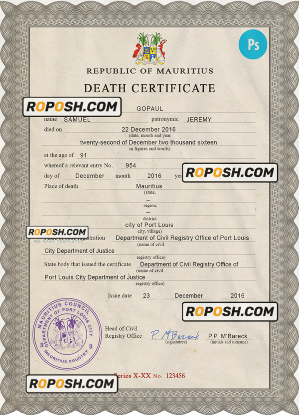 Mauritius vital record death certificate PSD template scan effect