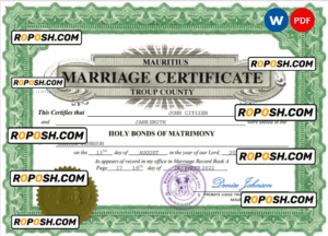 Mauritius marriage certificate Word and PDF template, fully editable