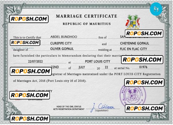 Mauritius marriage certificate PSD template, completely editable