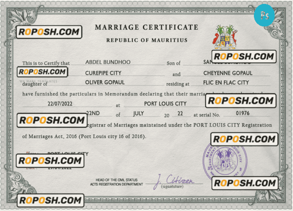 Mauritius marriage certificate PSD template, completely editable