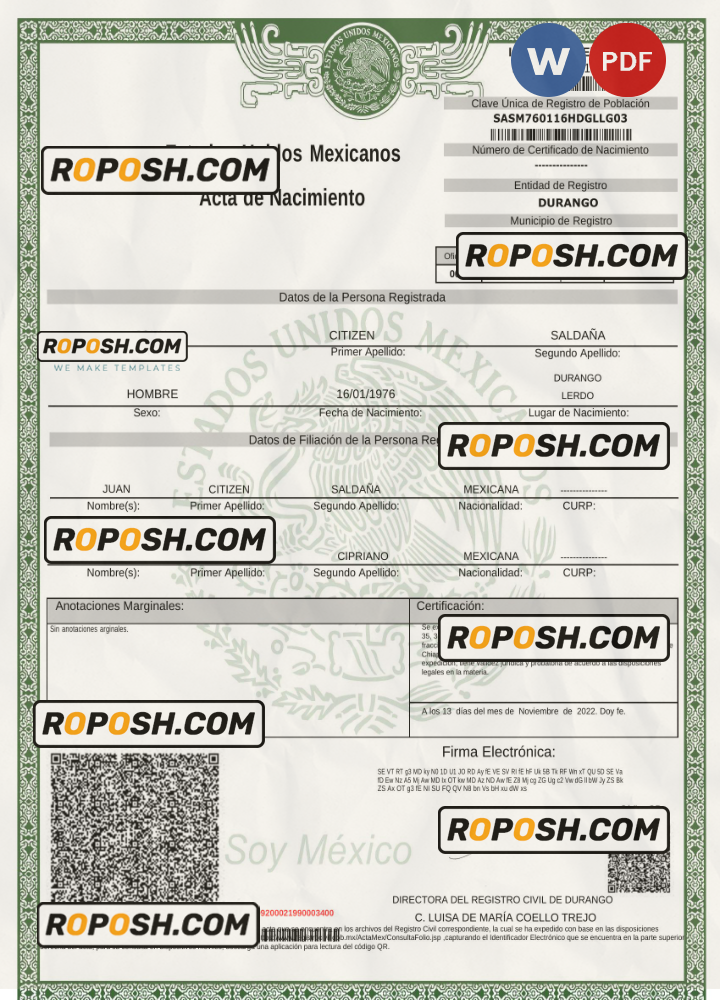 Mexico birth certificate Word and PDF template, version 2 scan effect