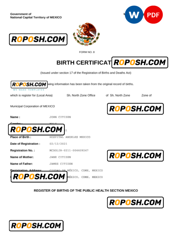 Mexico birth certificate Word and PDF template, fully editable