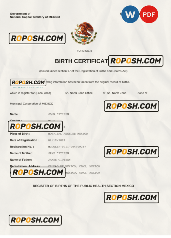 Mexico birth certificate Word and PDF template, fully editable scan effect