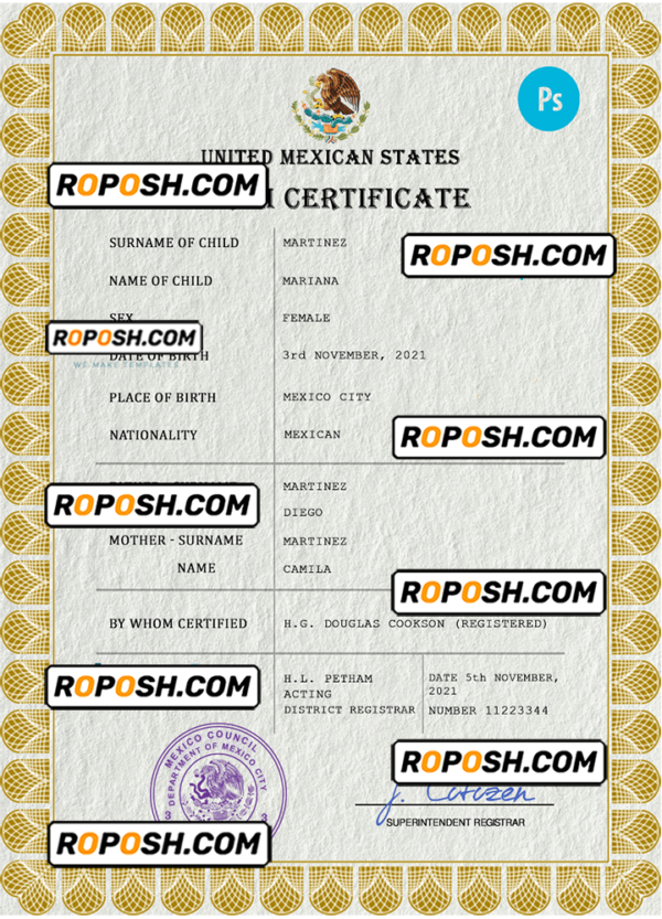 Mexico vital record birth certificate PSD template, fully editable