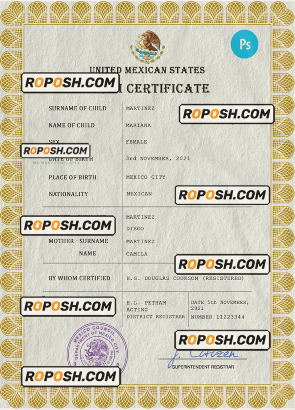 Mexico vital record birth certificate PSD template, fully editable scan effect