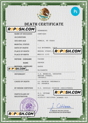 Mexico death certificate PSD template, completely editable