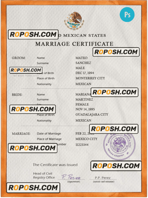 Mexico marriage certificate PSD template, fully editable