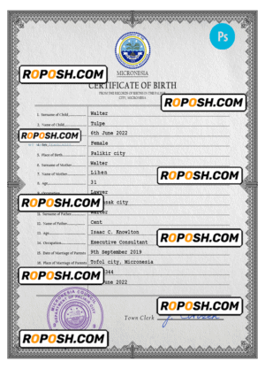 Micronesia birth certificate PSD template, completely editable