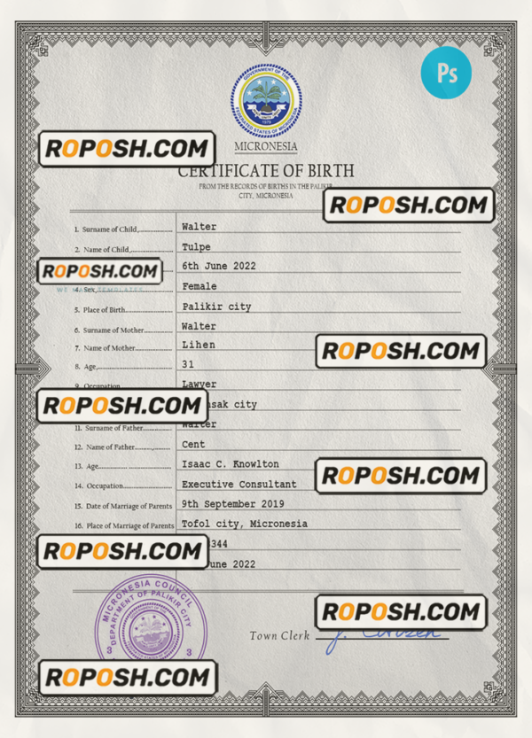 Micronesia birth certificate PSD template, completely editable scan effect