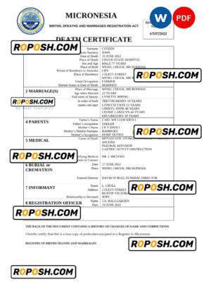Micronesia vital record death certificate Word and PDF template