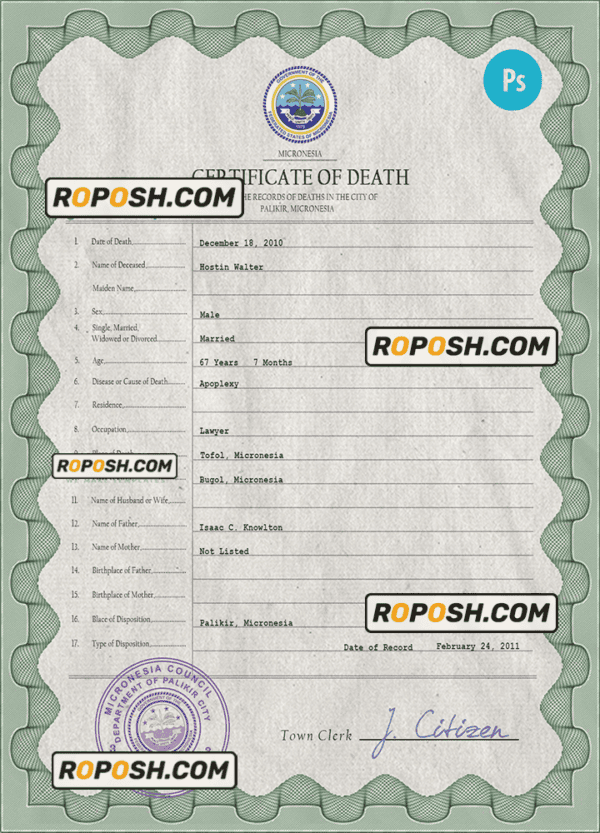 Micronesia vital record death certificate PSD template, fully editable