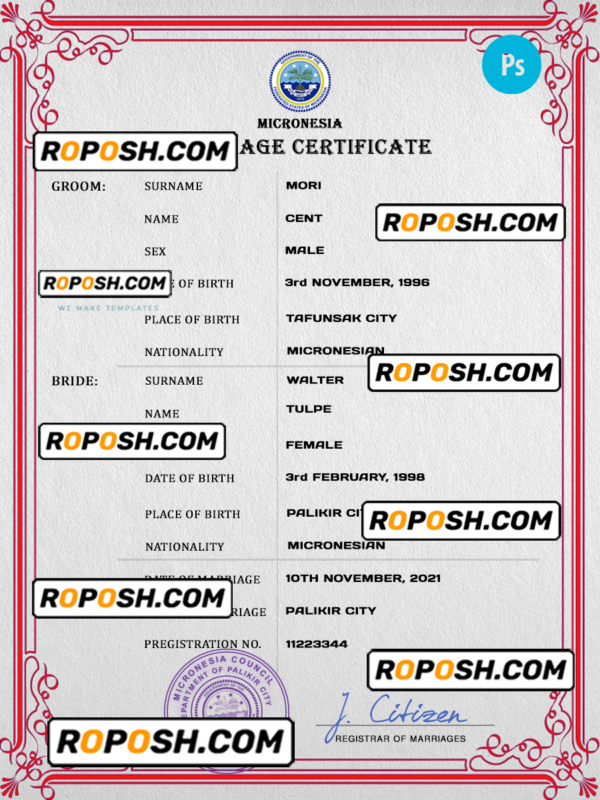 Micronesia marriage certificate PSD template, completely editable
