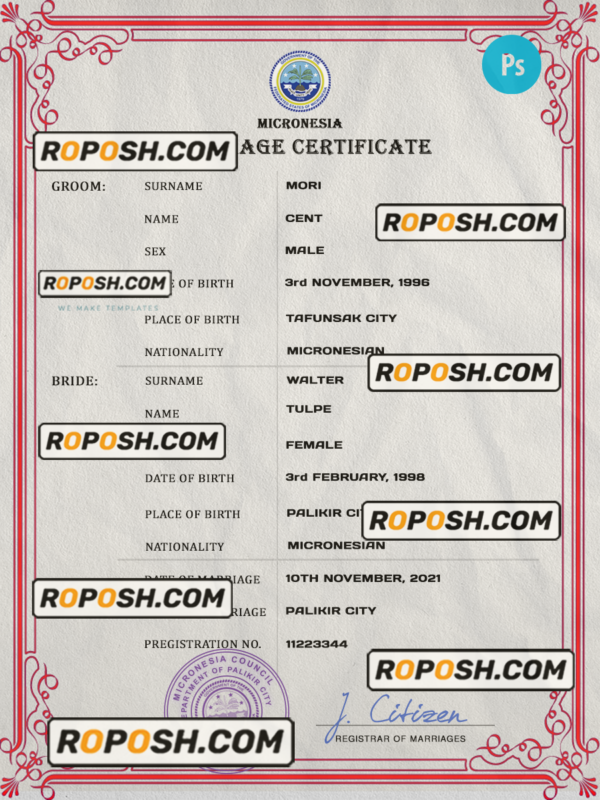 Micronesia marriage certificate PSD template, completely editable scan effect