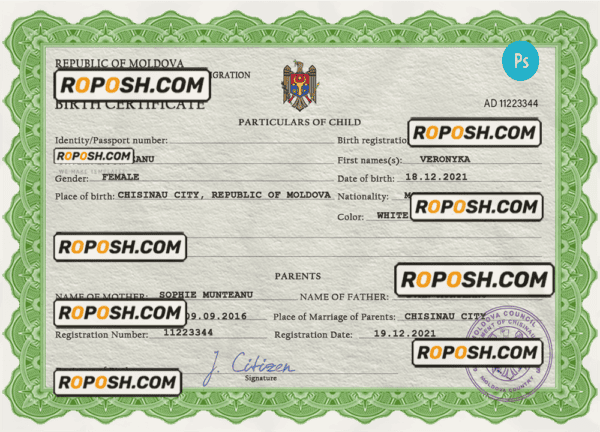 Moldova vital record birth certificate PSD template