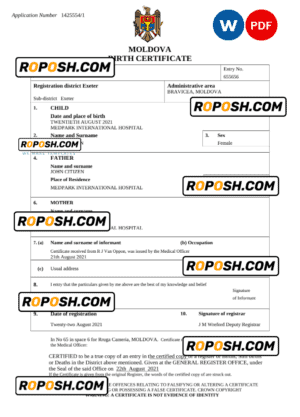 Moldova birth certificate Word and PDF template, completely editable