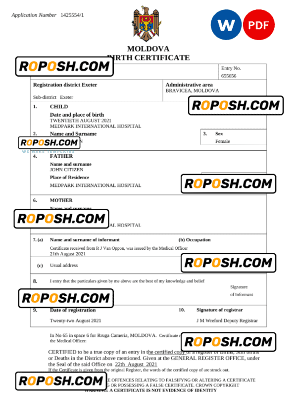 Moldova birth certificate Word and PDF template, completely editable