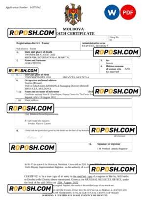 Moldova death certificate Word and PDF template, completely editable