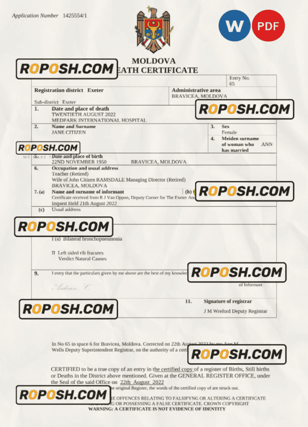 Moldova death certificate Word and PDF template, completely editable