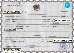 Moldova vital record death certificate PSD template, completely editable