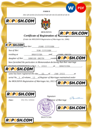 Moldova marriage certificate Word and PDF template, completely editable