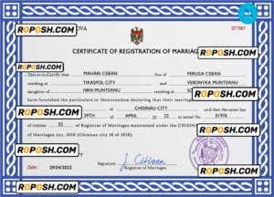 Moldova marriage certificate PSD template, fully editable